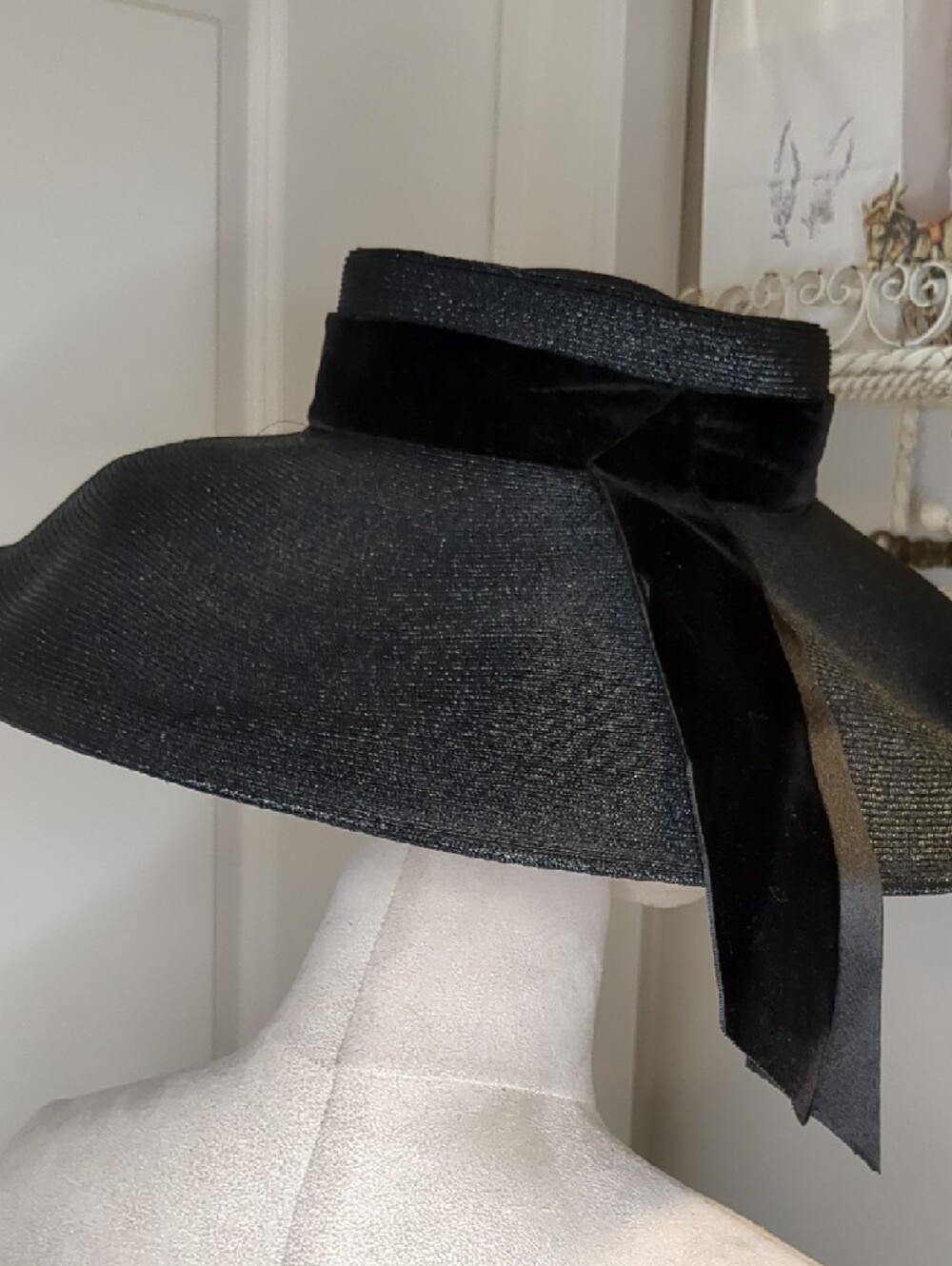 Vintage 50s Black Straw Picture Hat w/ Grosgrain Ribbon From Dunnings Pasadena - Picture 7 of 9